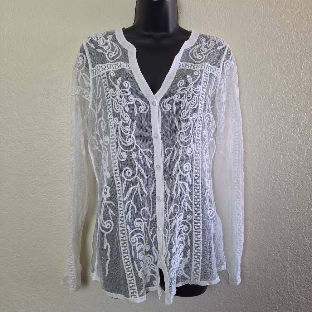 Amber Shea Sheer Embroidered Button Down Blouse